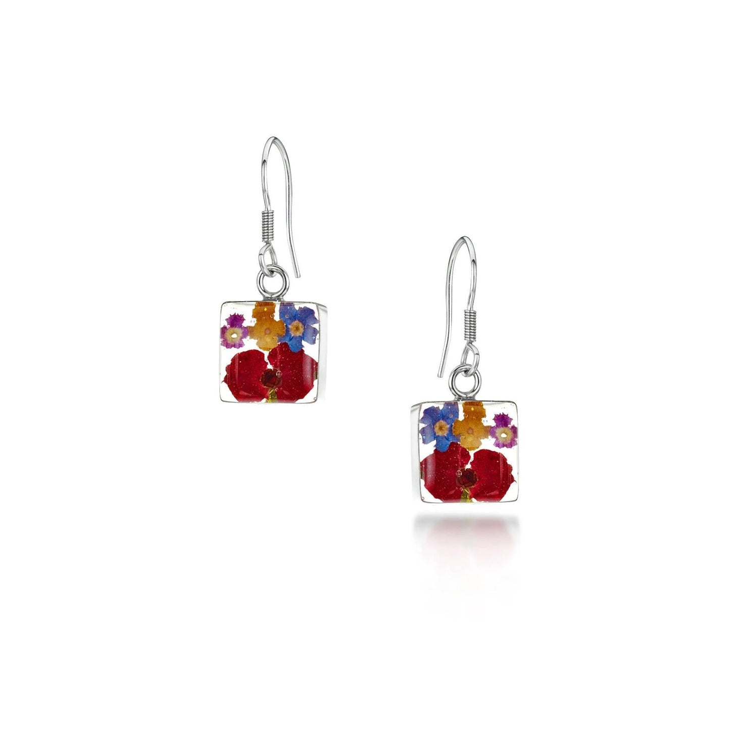 Sterling Silver Mixed Flower Square Dangle Earrings with real flowers
