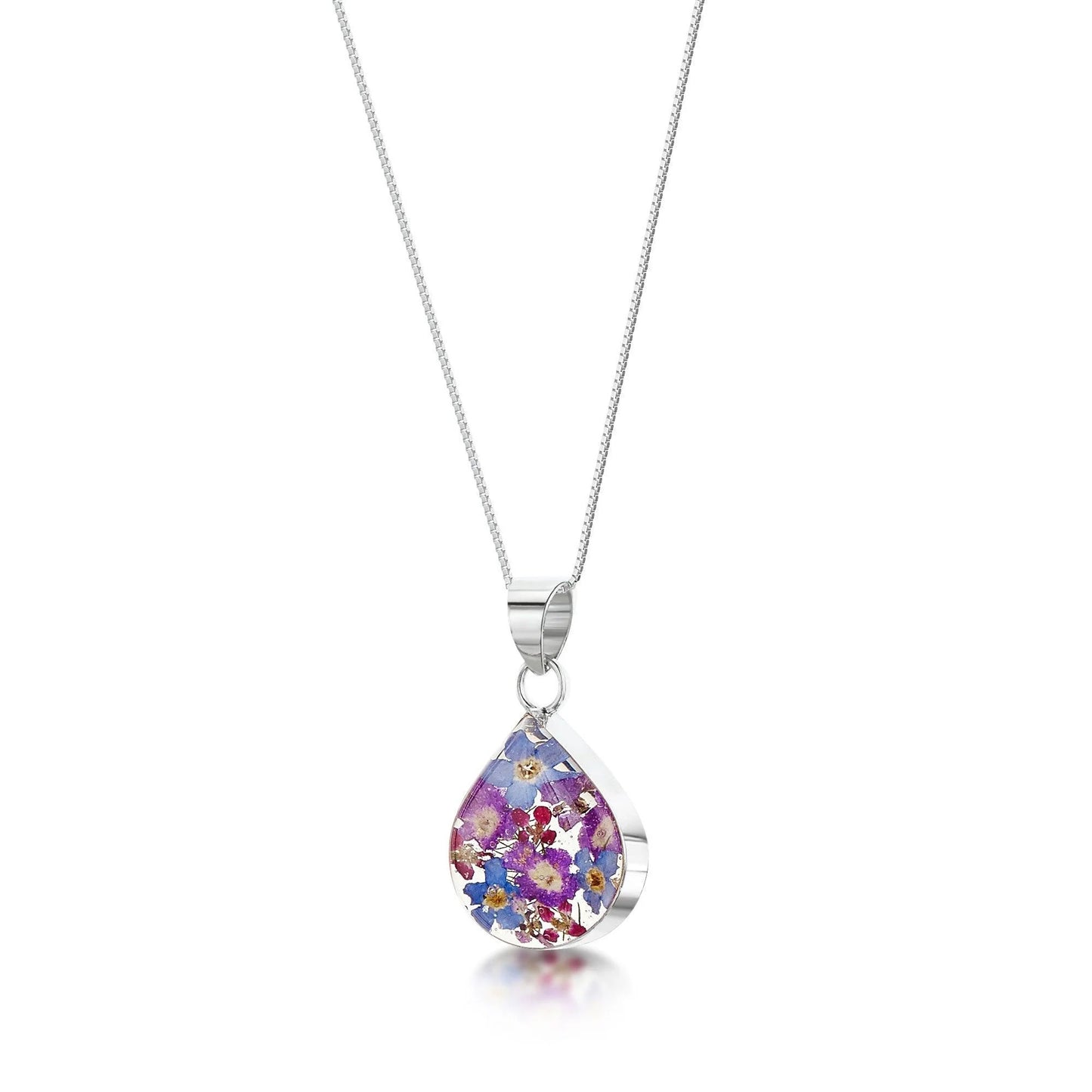 Sterling Silver Teardrop Pendant with real flowers & box chain