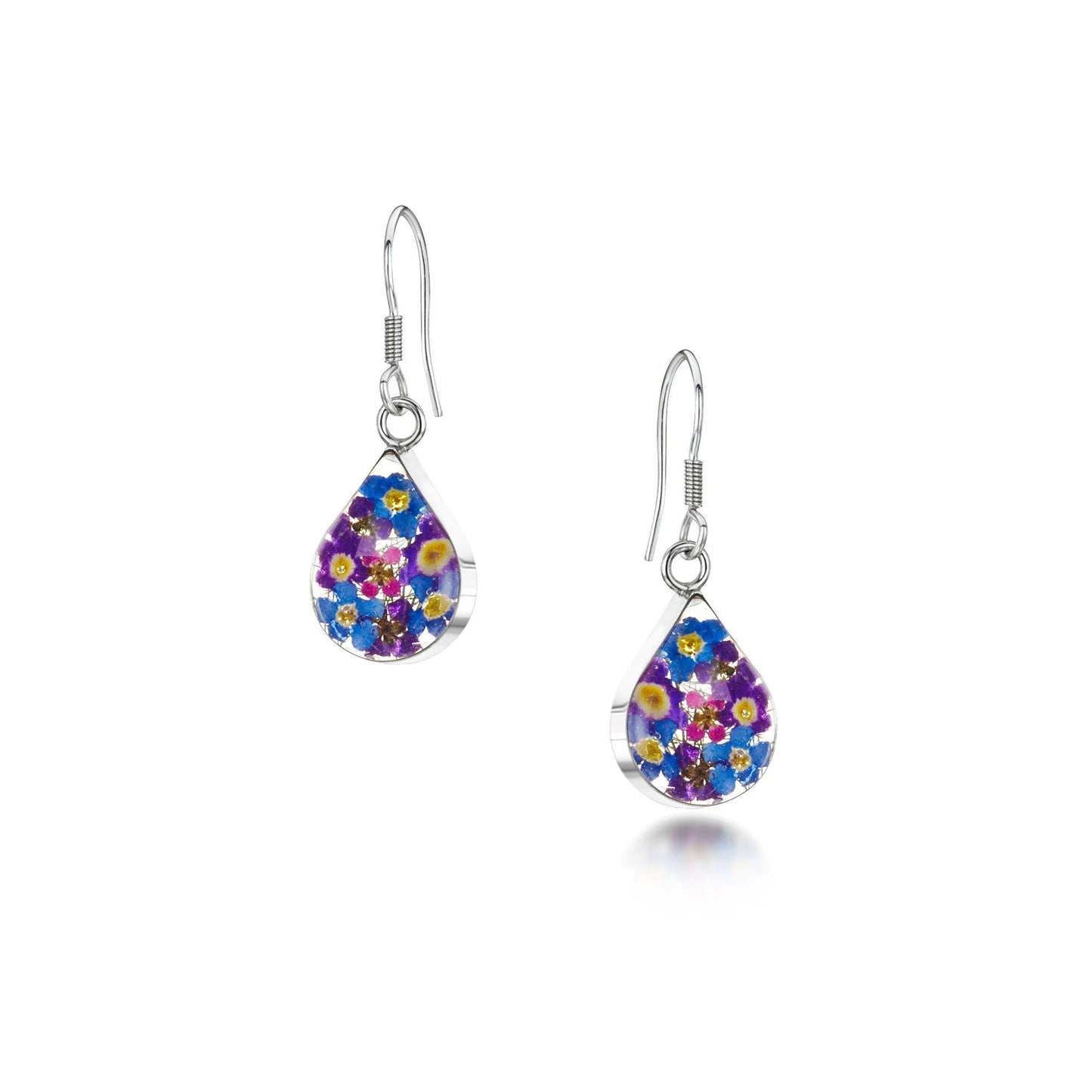 Sterling Silver Teardrop Dangle Earrings with real flowers