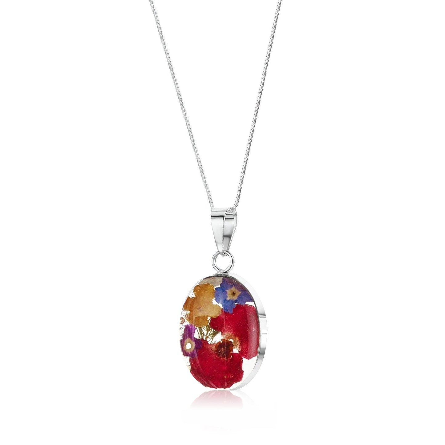 Sterling Silver Mixed Flower Oval pendant with real flowers & box chain
