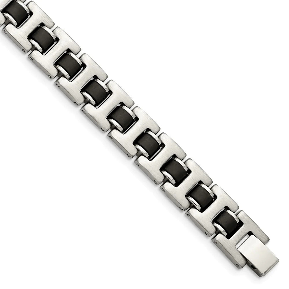 Stainless Steel 8.5" Slim H Link with Black Rubber Inlay Bracelet