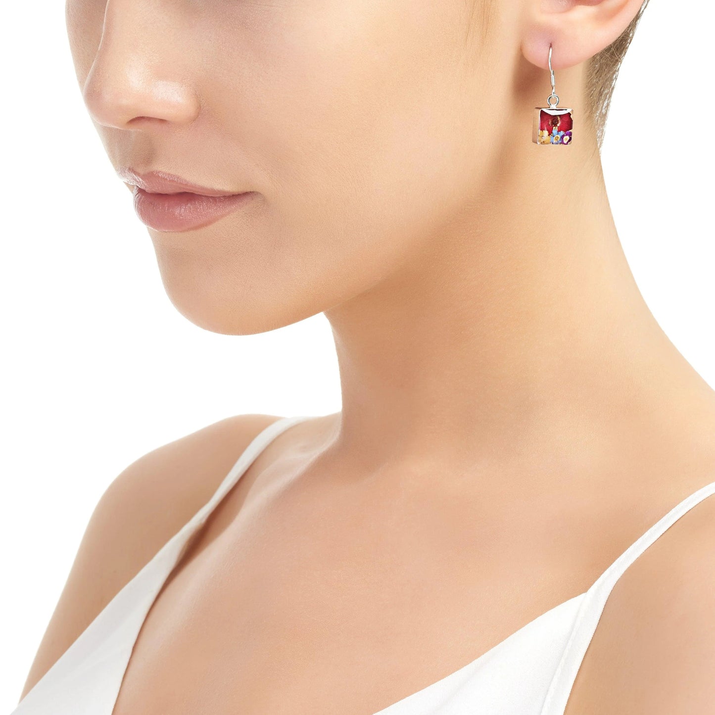 Sterling Silver Mixed Flower Square Dangle Earrings with real flowers