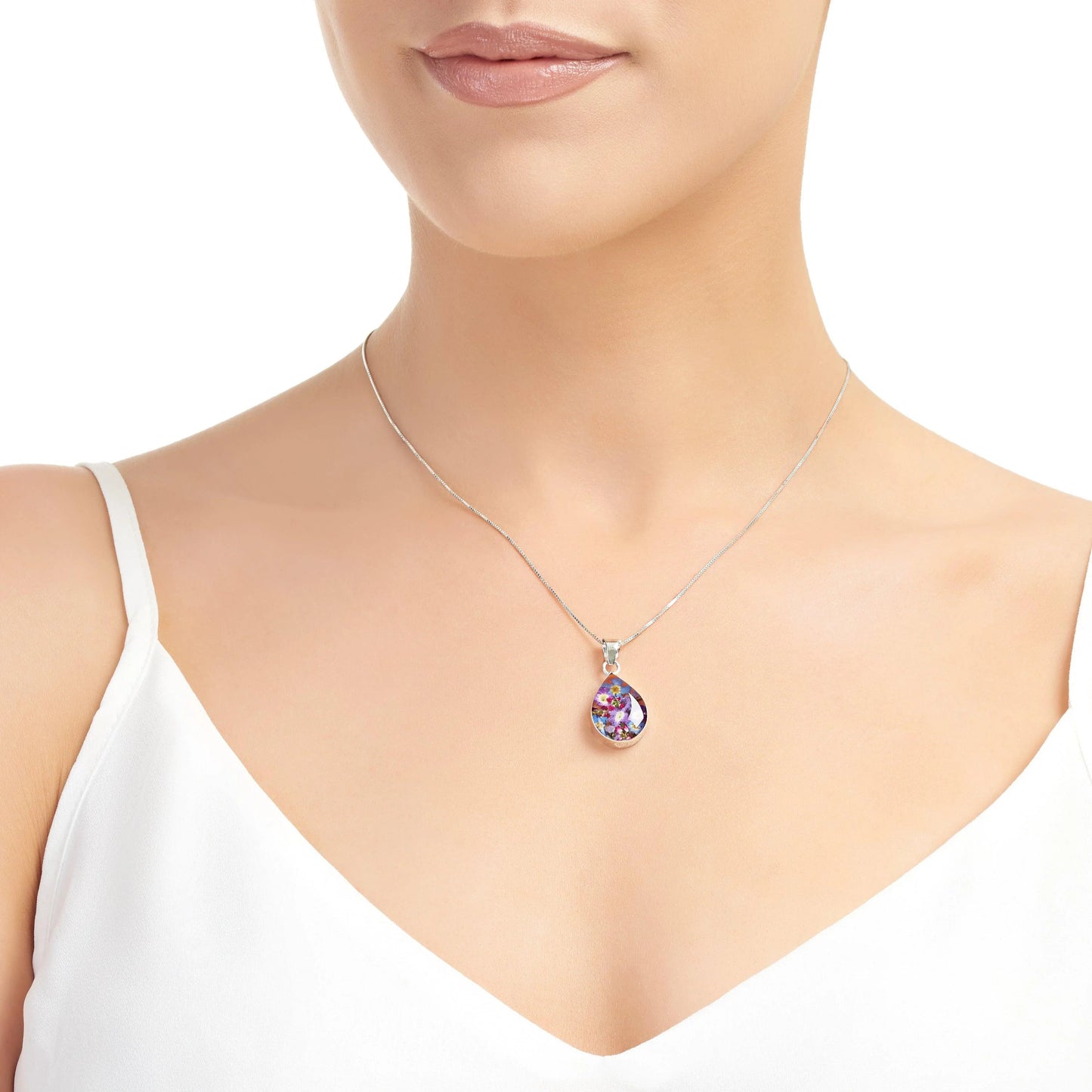 Sterling Silver Teardrop Pendant with real flowers & box chain