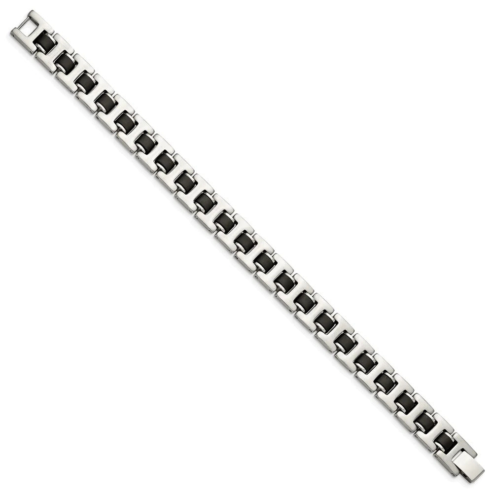Stainless Steel 8.5" Slim H Link with Black Rubber Inlay Bracelet