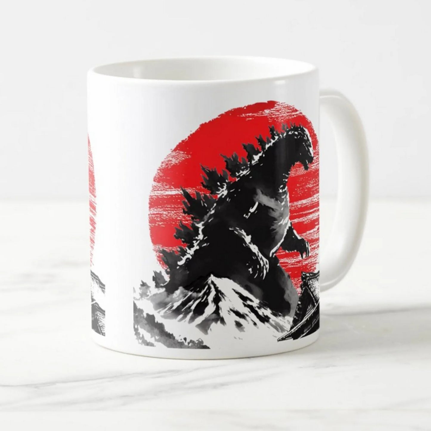 Godzilla mug centre right