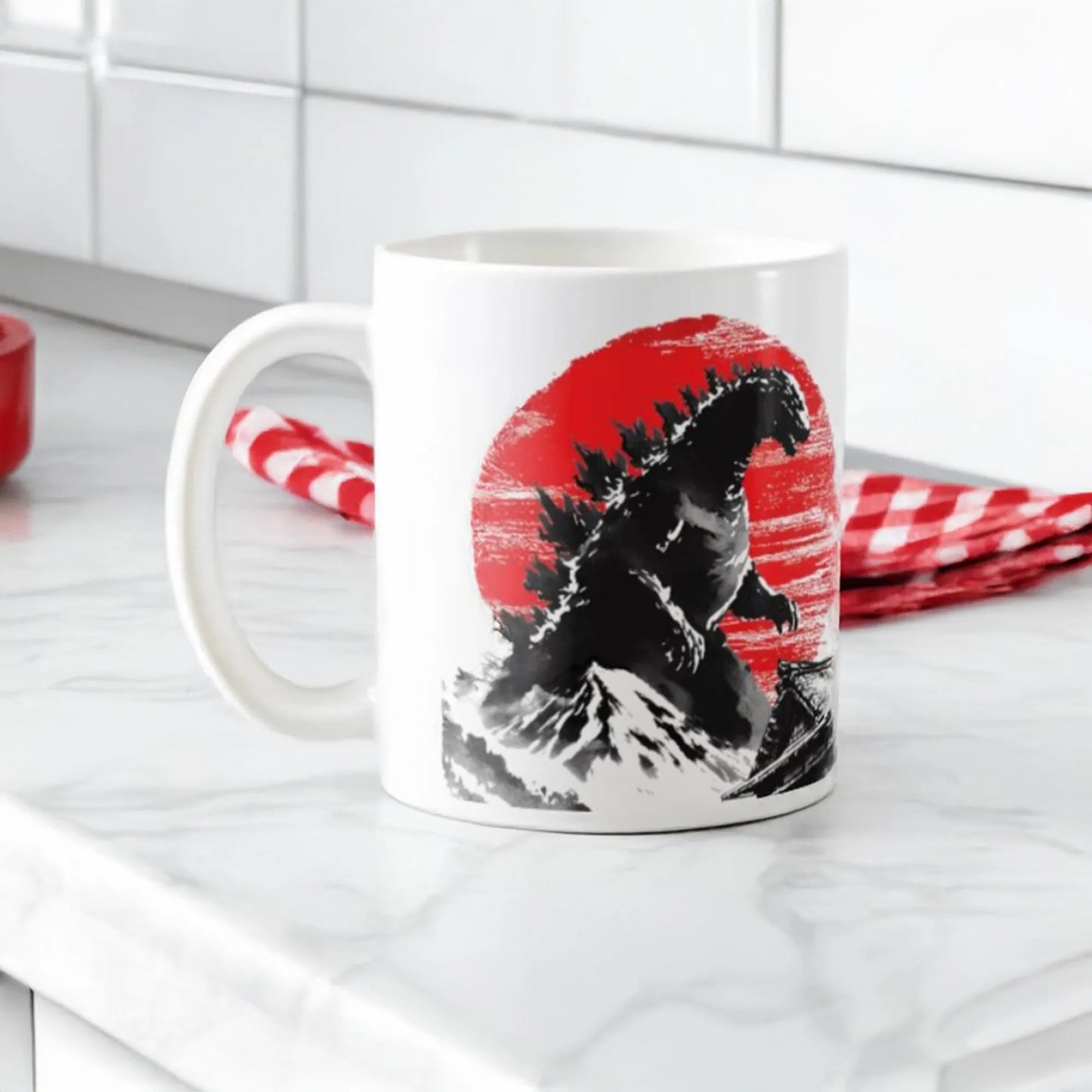 Godzilla mug in kitchen