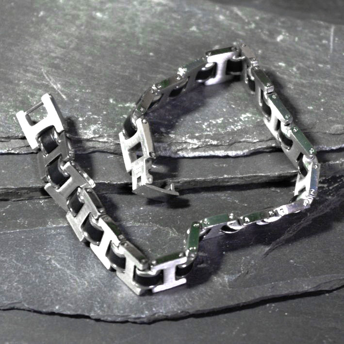 Stainless Steel 8.5" Slim H Link with Black Rubber Inlay Bracelet