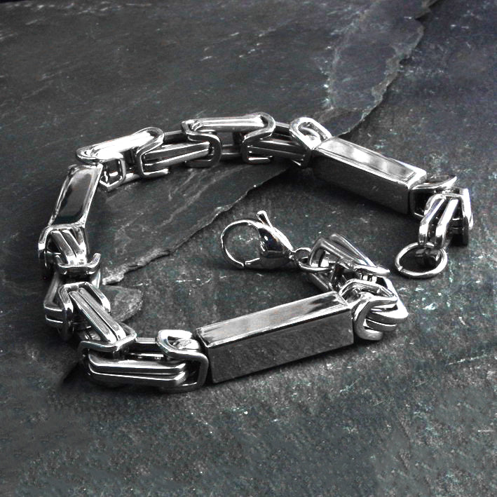 Stainless Steel 9" Byzantine Single Link Bracelet with Bars