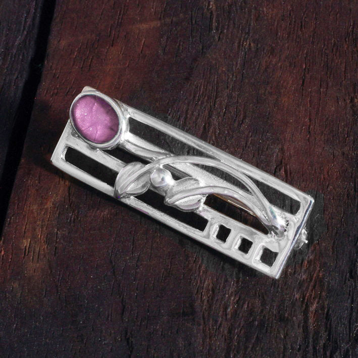 Sterling Silver Bar Brooch with flower detail and handpainted resin inset