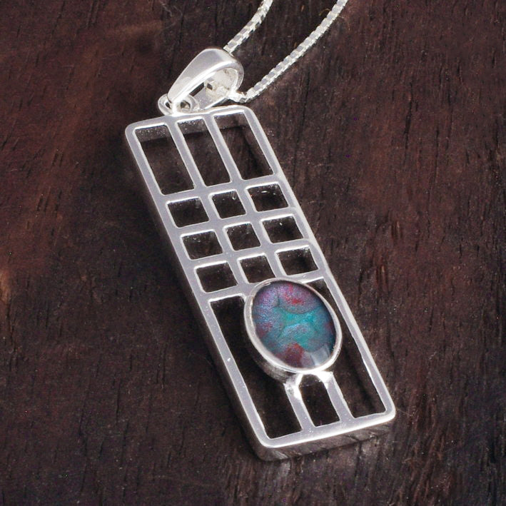 Sterling Silver Mackintosh Style Pendant with handpainted electric blue resin inset & box chain