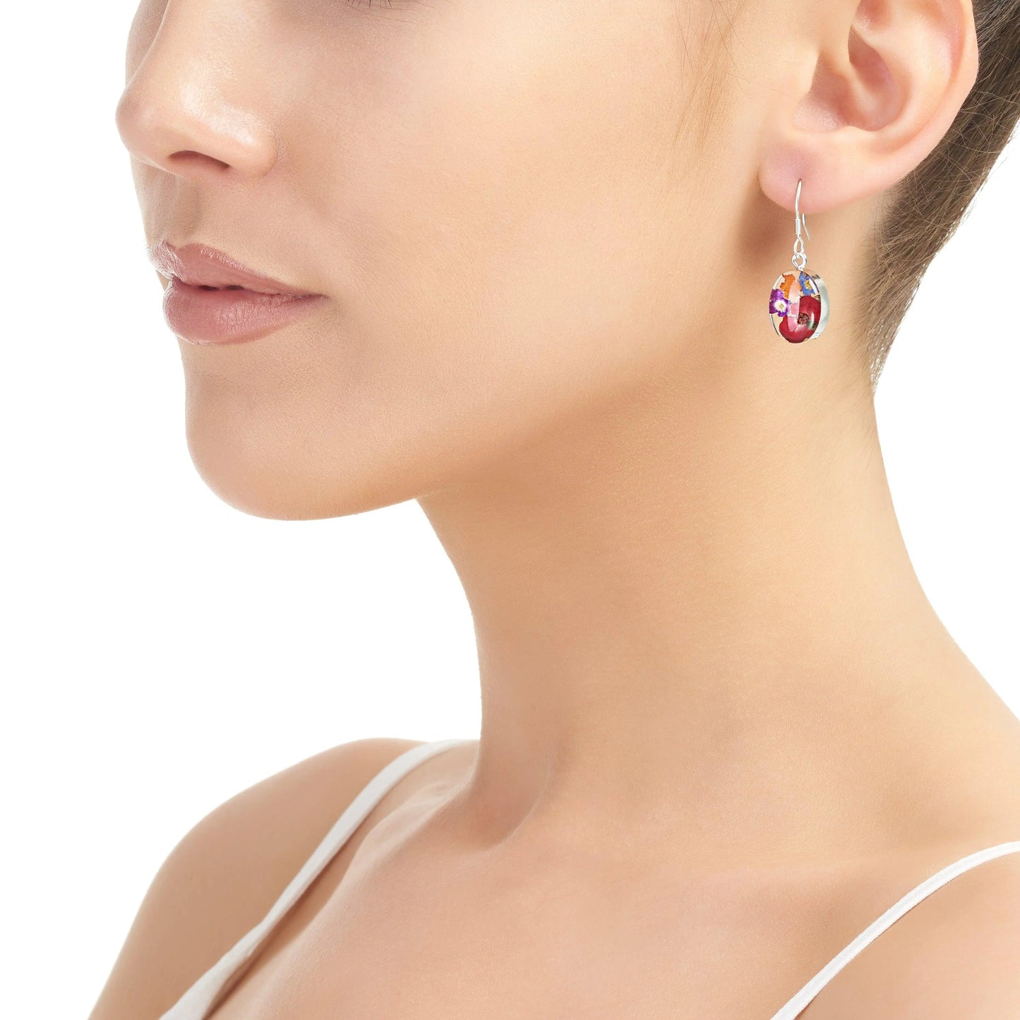 Sterling Silver Mixed Flower Oval Dangle Earrings with real flowers