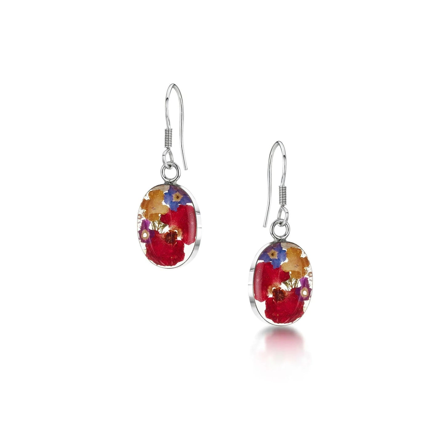 Sterling Silver Mixed Flower Oval Dangle Earrings with real flowers