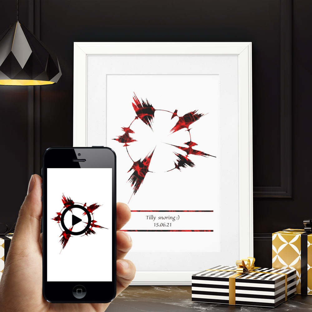 Pet voice soundwave art print with phone showing it playing
