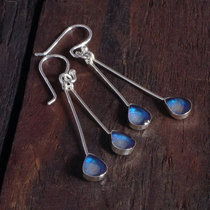 Sterling Silver Teardrop Earrings with handpainted dark blue resin inset