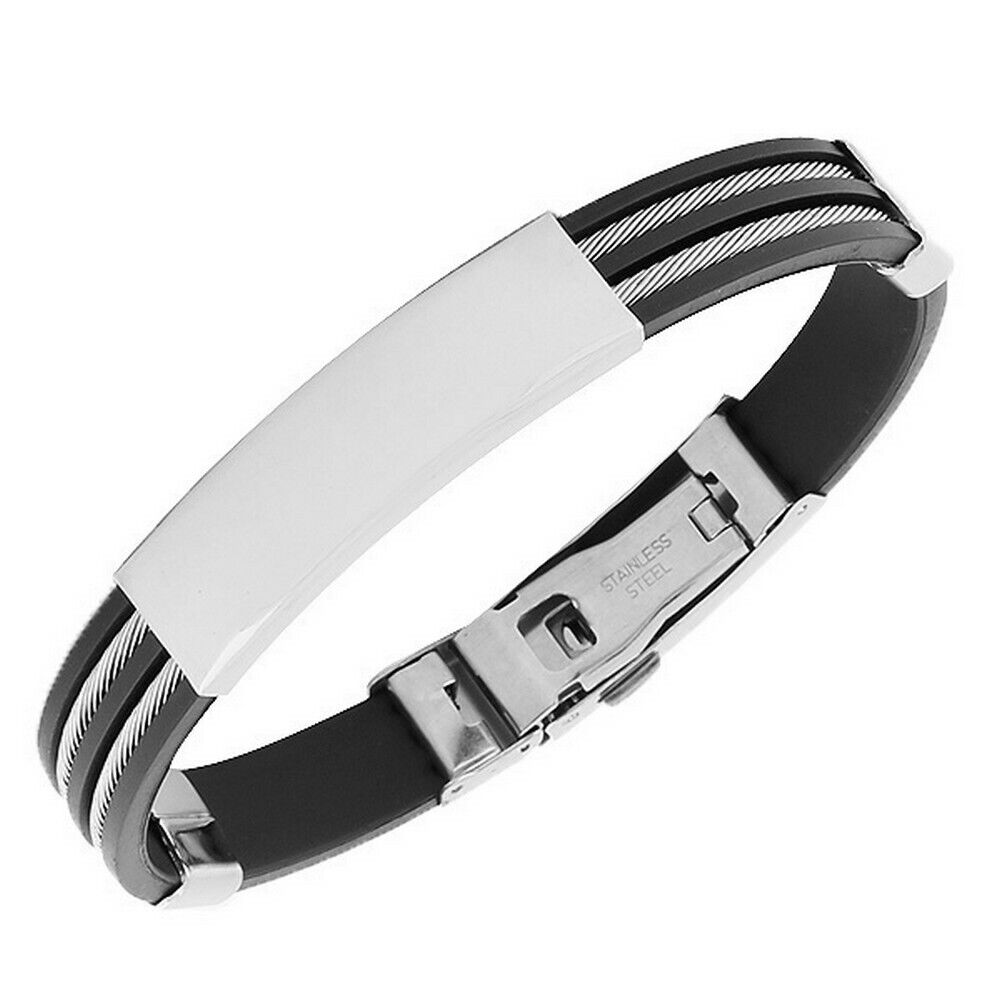 Stainless Steel Cable bracelet with black rubber