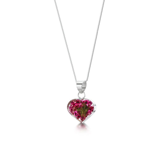 Sterling Silver Heart Pendant with real heather flowers & box chain