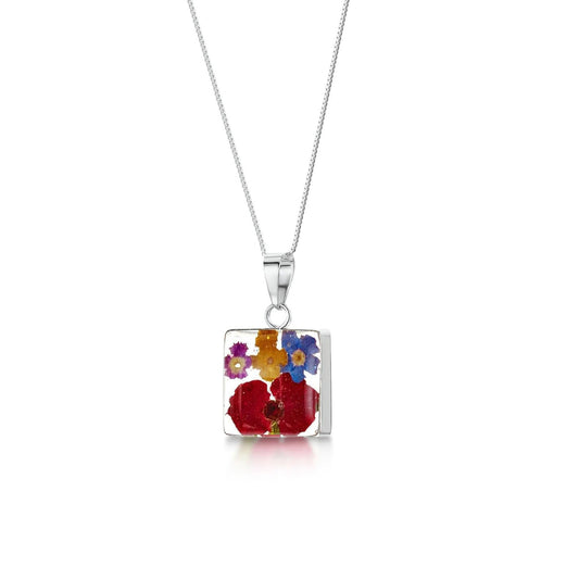 Sterling Silver Mixed Flower Square Pendant with real flowers & box chain