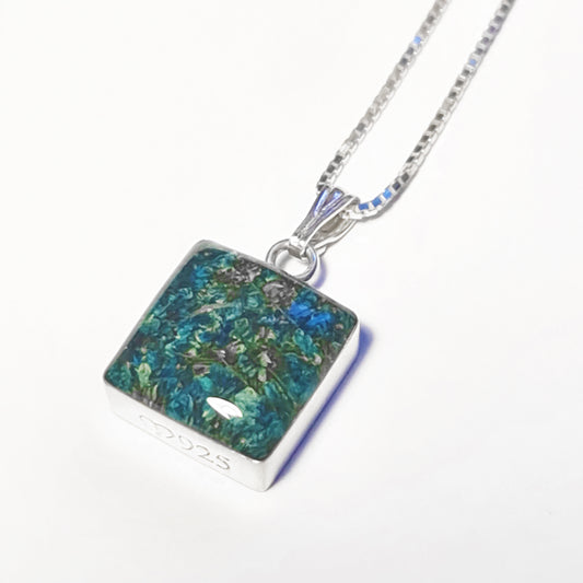Sterling Silver Square Pendant with real gypsophila flowers & box chain