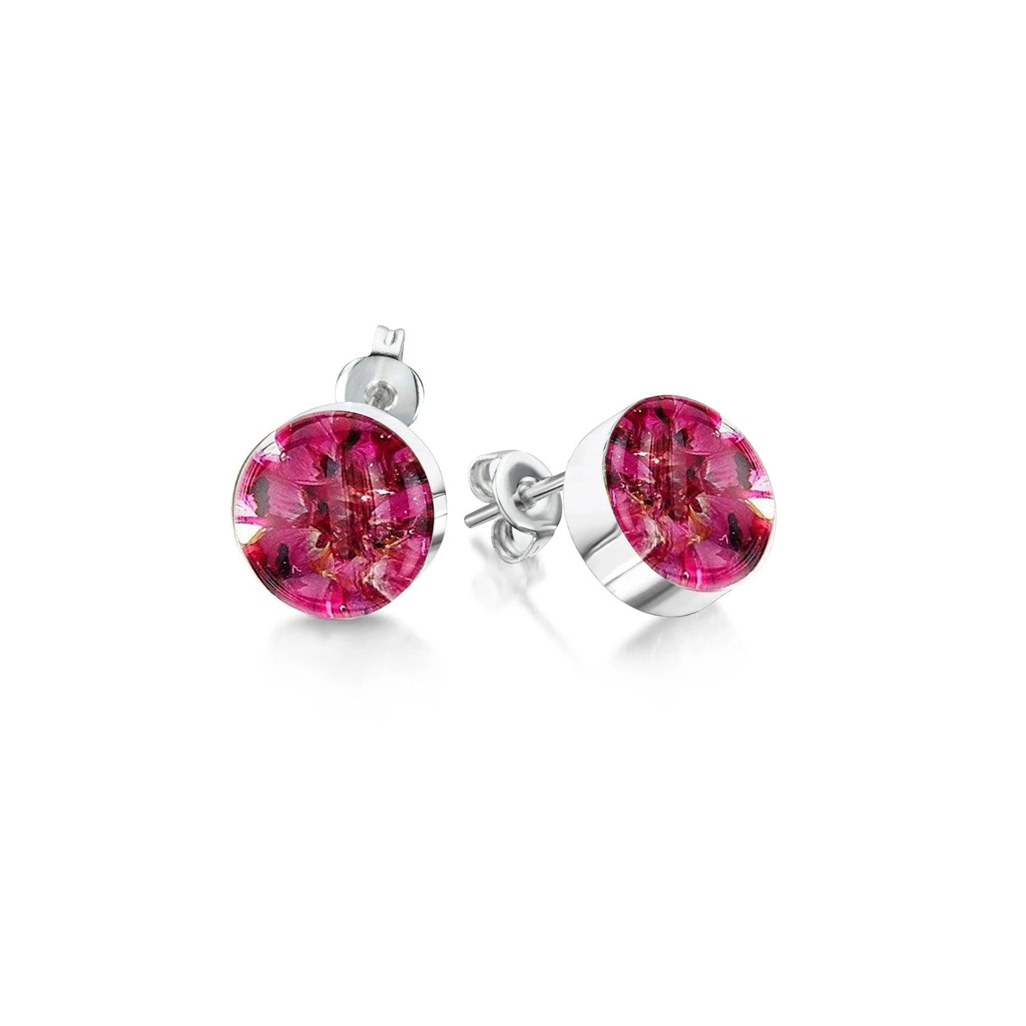Sterling Silver Round Stud Earrings with real heather flowers