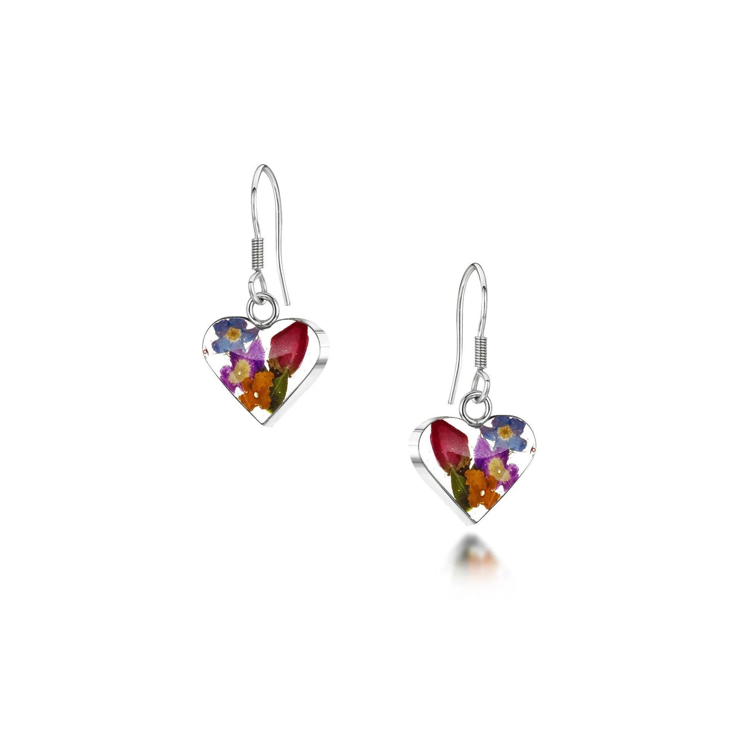Sterling Silver Heart Dangle Earrings with real flowers