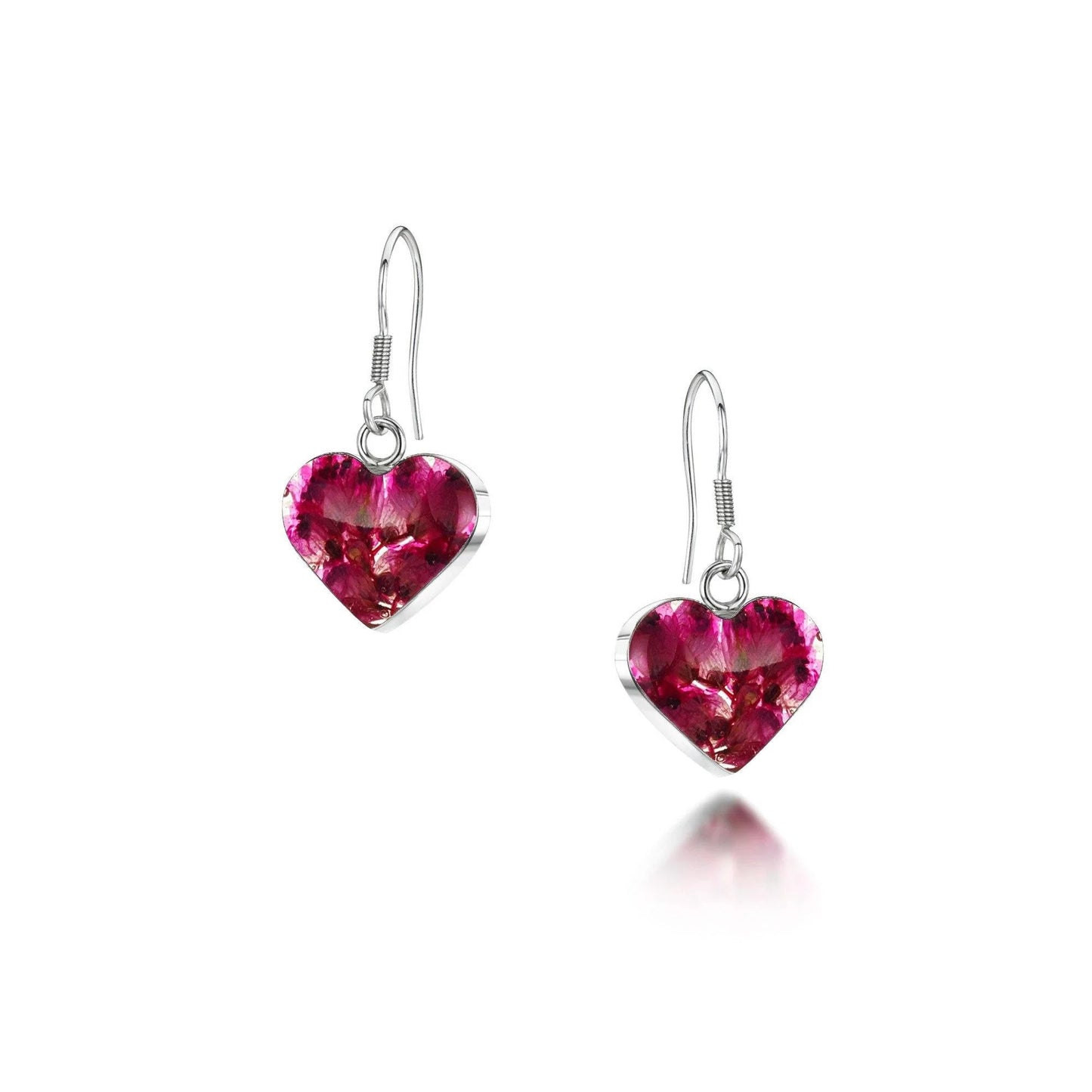 Sterling Silver Heart Dangle Earrings with real heather flowers