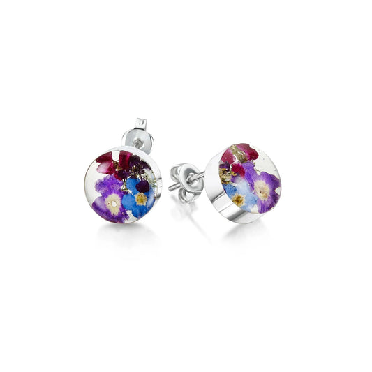 Sterling Silver Round Stud Earrings with real flowers