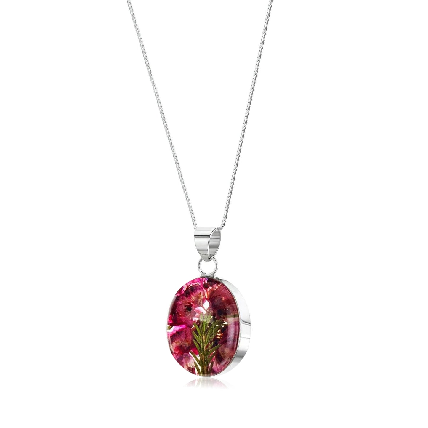 Sterling Silver Oval Pendant with real heather flowers & box chain