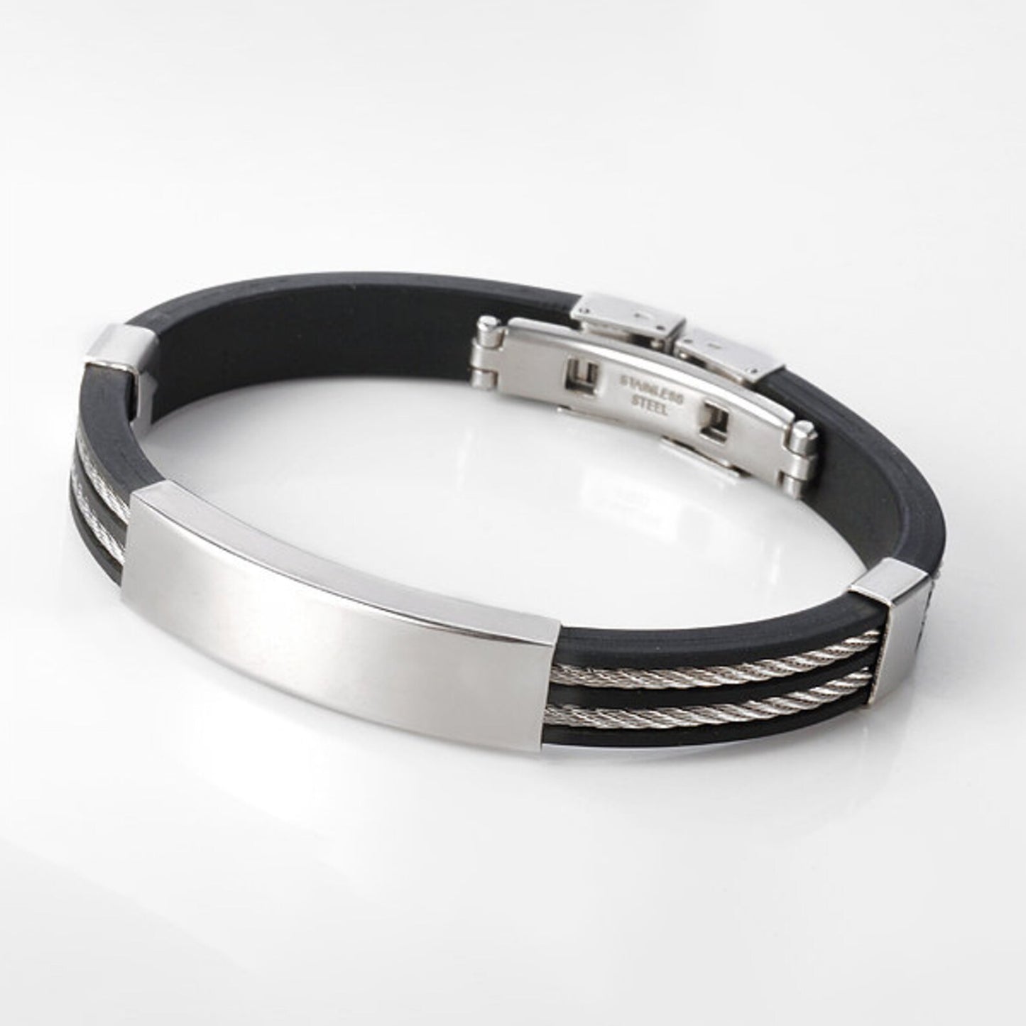 Stainless Steel Cable bracelet with black rubber