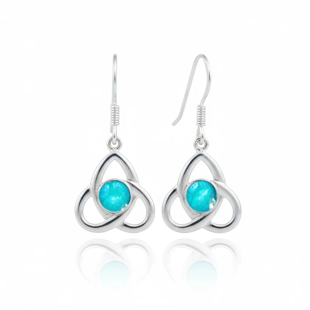 Sterling Silver Celtic Earrings with handpainted aqua resin inset