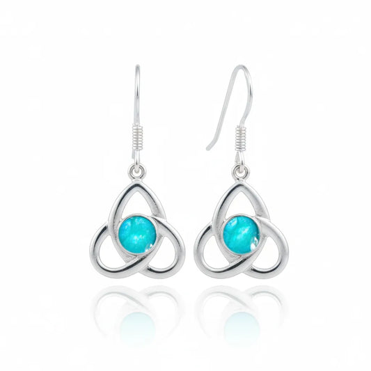 Sterling Silver Celtic Earrings with handpainted aqua resin inset