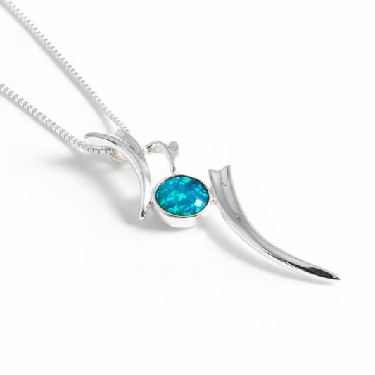 Sterling Silver Kanji Style Pendant with handpainted turquoise resin inset & box chain