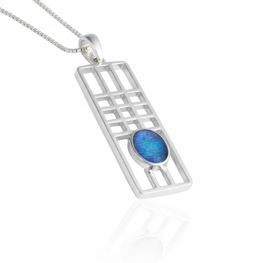 Sterling Silver Mackintosh Style Pendant with handpainted aqua blue resin inset & box chain