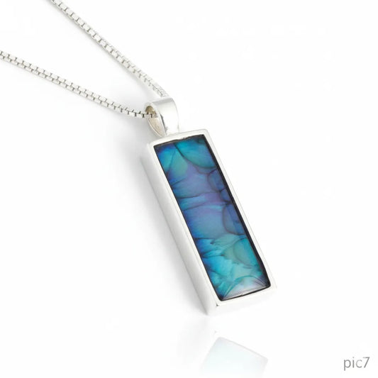 Sterling Silver Bar Pendant with handpainted iridescent blue resin inset & box chain