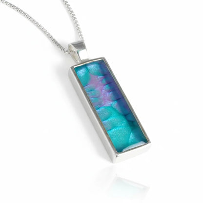 Sterling Silver Bar Pendant with handpainted blue purple resin inset & box chain