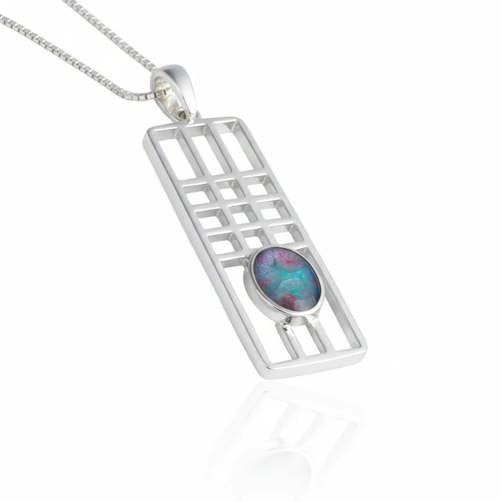 Sterling Silver Mackintosh Style Pendant with handpainted electric blue resin inset & box chain