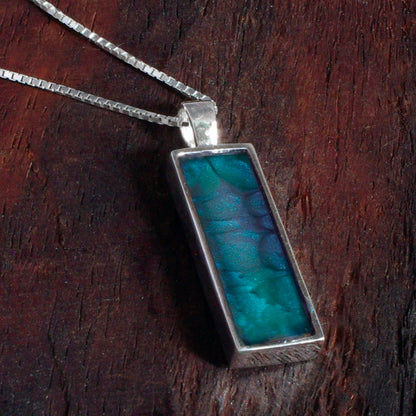 Sterling Silver Bar Pendant with handpainted iridescent blue resin inset & box chain