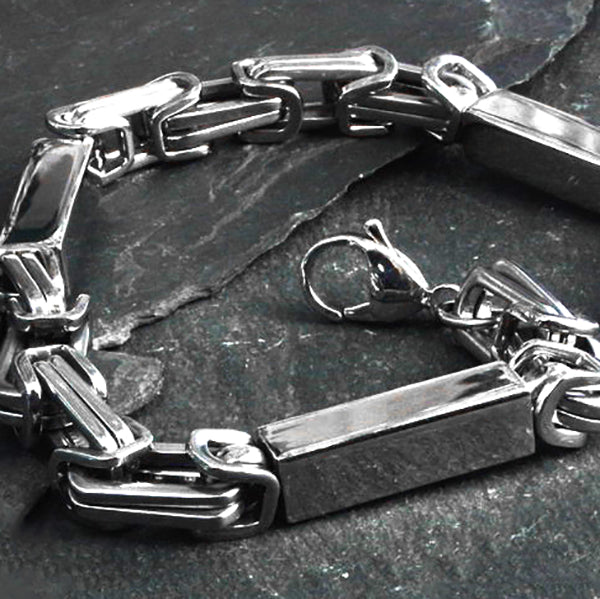 Stainless Steel 9" Byzantine Single Link Bracelet with Bars