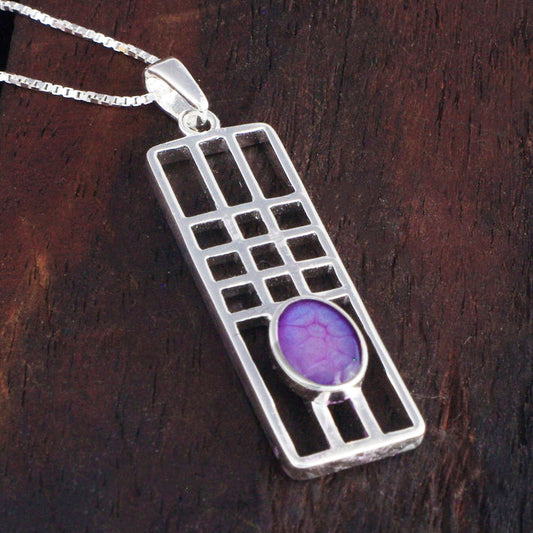 Sterling Silver Mackintosh Style Pendant with handpainted purple resin inset & box chain