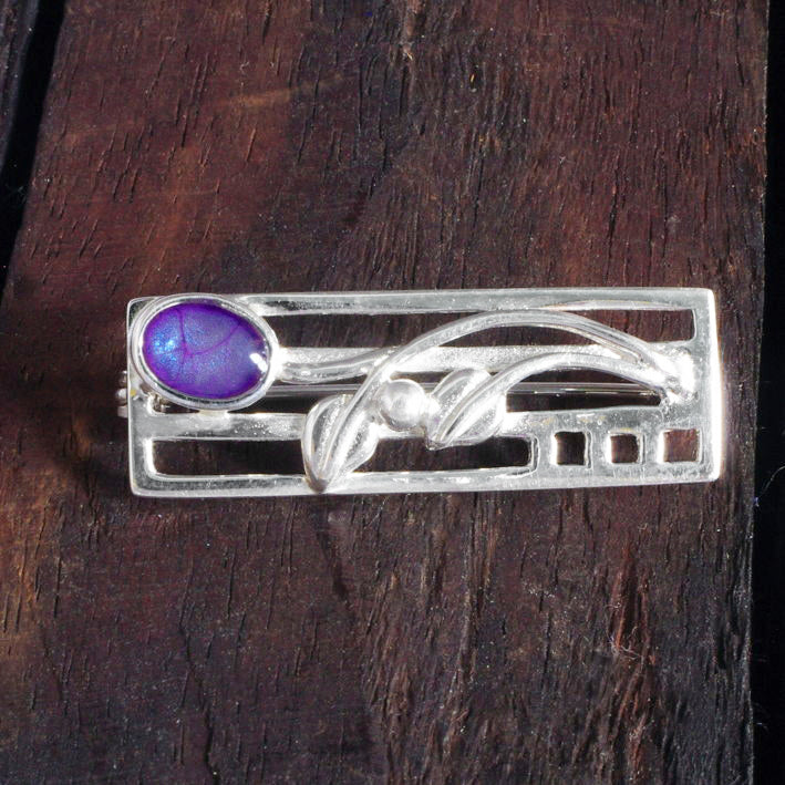 Sterling Silver Bar Brooch with flower detail and handpainted resin inset