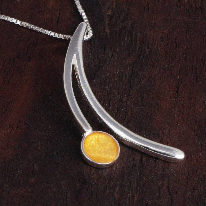 Sterling Silver Wishbone Pendant with handpainted sunshine yellow resin inset & box chain