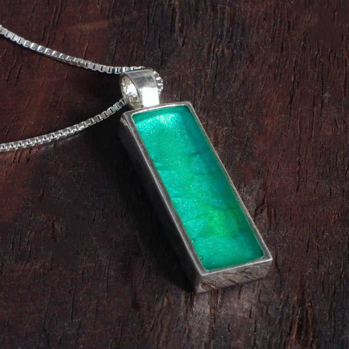Sterling Silver Bar Pendant with handpainted sea green resin inset & box chain