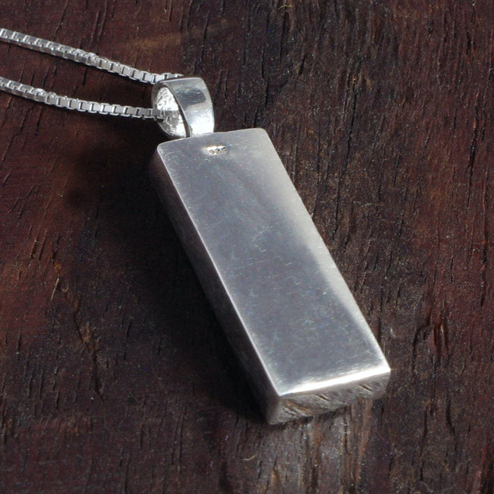 Sterling Silver Bar Pendant with handpainted iridescent blue resin inset & box chain