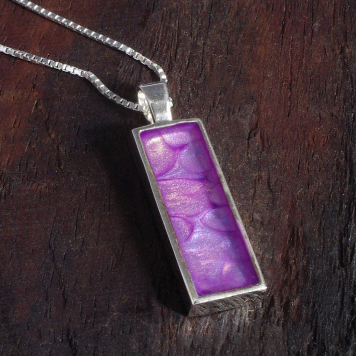 Sterling Silver Bar Pendant with handpainted purple resin inset & box chain