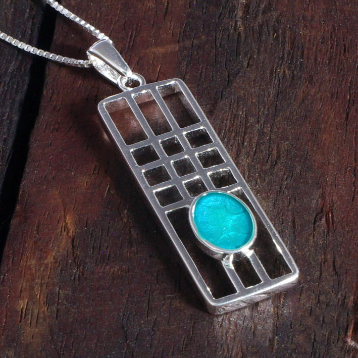 Sterling Silver Mackintosh Style Pendant with handpainted turquoise resin inset & box chain
