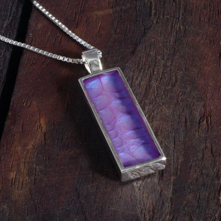 Sterling Silver Bar Pendant with handpainted purple blue resin inset & box chain