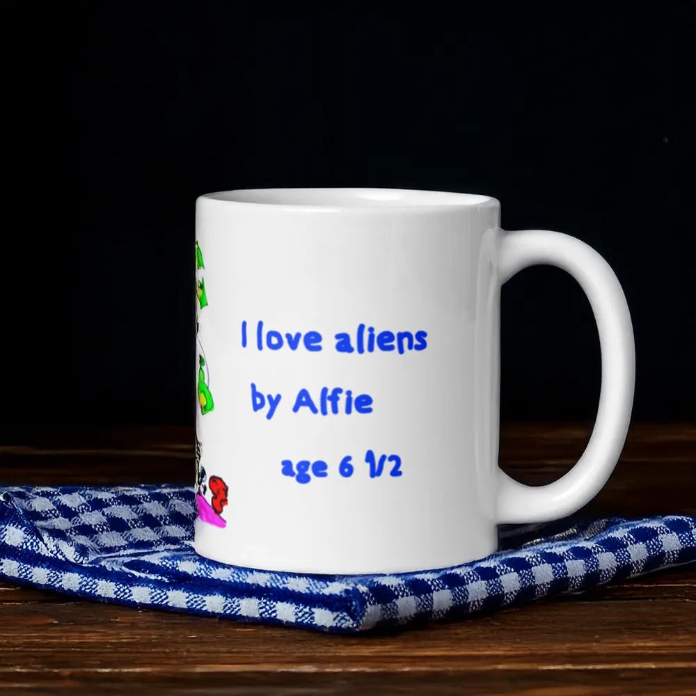 Kids art personalised mug aliens