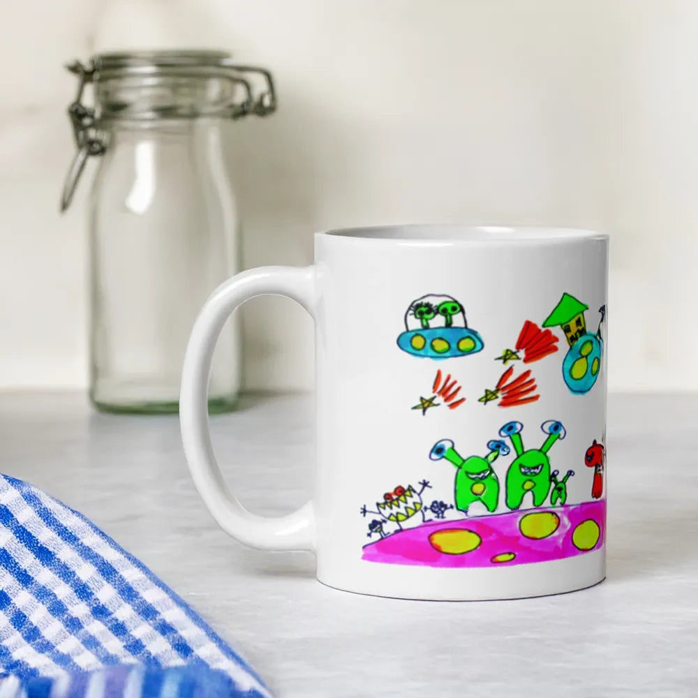 Kids art personalised mug in kitchen