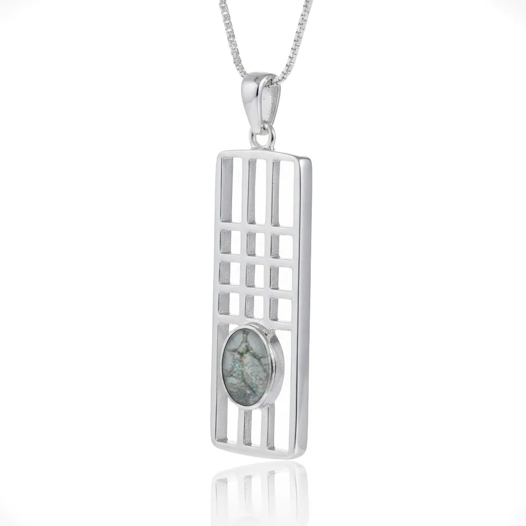 Sterling Silver Mackintosh Style Pendant with handpainted silver grey resin inset & box chain