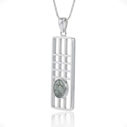 Sterling Silver Mackintosh Style Pendant with handpainted silver grey resin inset & box chain