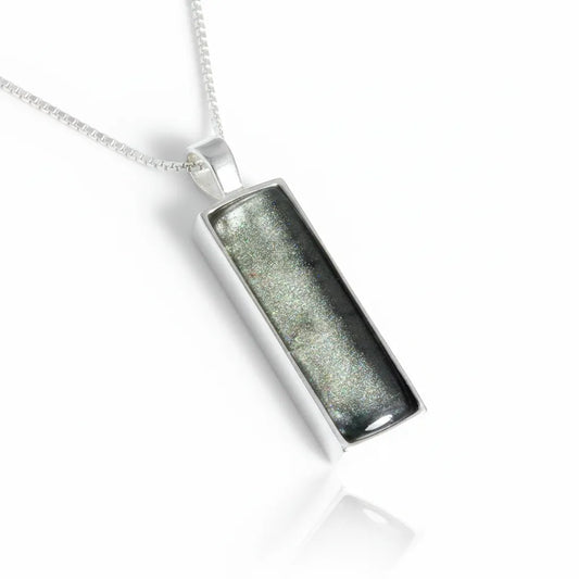 Sterling Silver Bar Pendant with handpainted silver grey resin inset & box chain